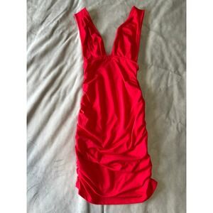 Red Deep V Neck Ruched Bodycon Mini Dress Sleeveless Stretchy Party Dress Size S